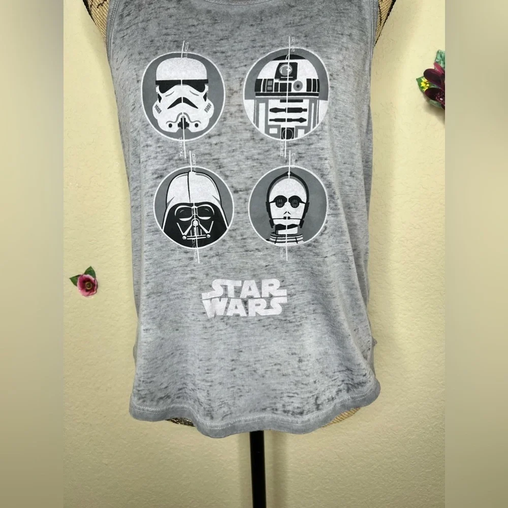 Star Wars Distressed Look Grey Tank Top with Darth Vader, R2-D2, C-3PO Size L